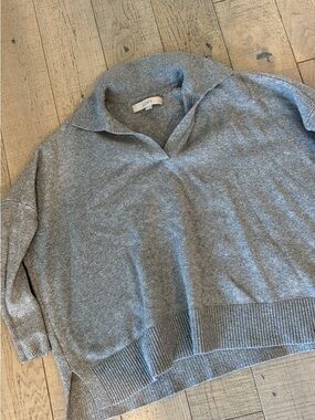 LOFT Gray V-Neck Collared Knit Sweater